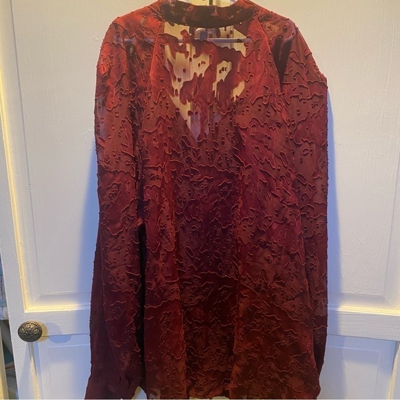 Nicola by EK Burgandy Sheer Chiffon Blouse with Bow at Neckline Size L - Picture 9 of 10